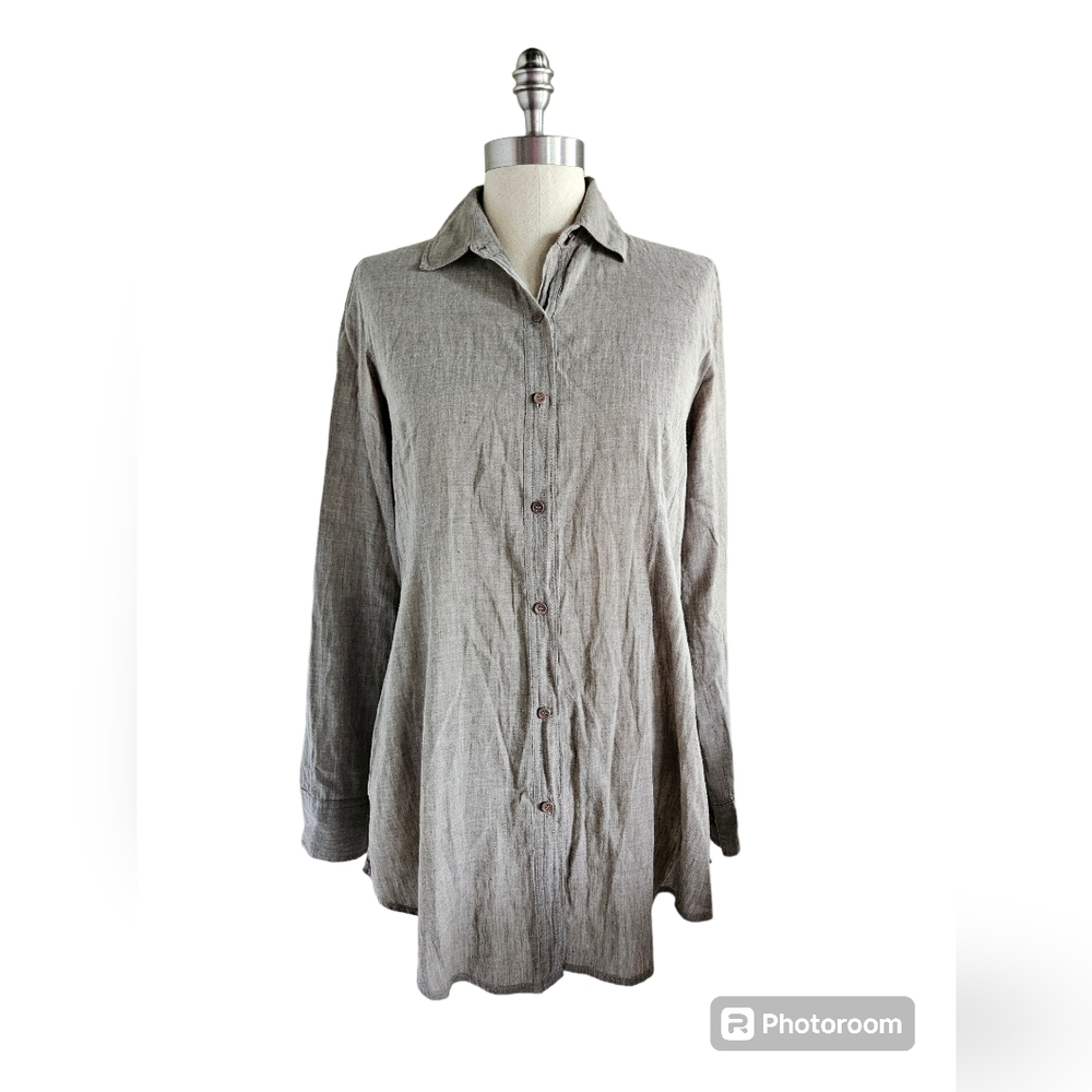 EILEEN FISHER Cotton/Linen Blend Tan Shirt | SZ XS